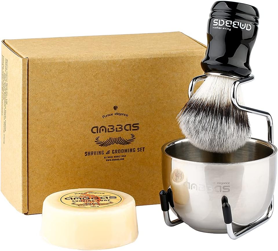 Anbbas Synthetic Badger Hair Shaving Brush,Stainless Steel Shaving Stand and Bowl,Goat Milk Shaving Soap 100g for Men Wet Shave Kit