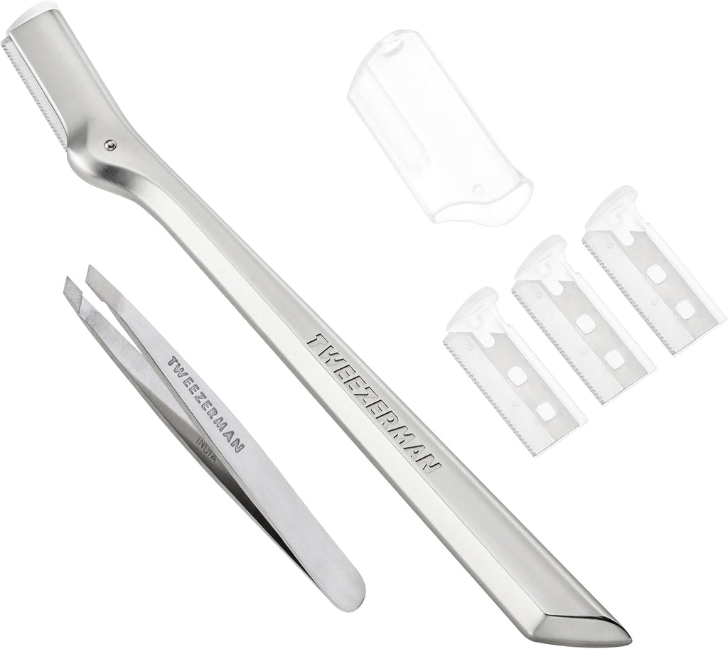 Tweezerman Eyebrow Razor and Mini Tweezer Set with 3 Replacement Blades and Safety Cap (Stainless Steel)