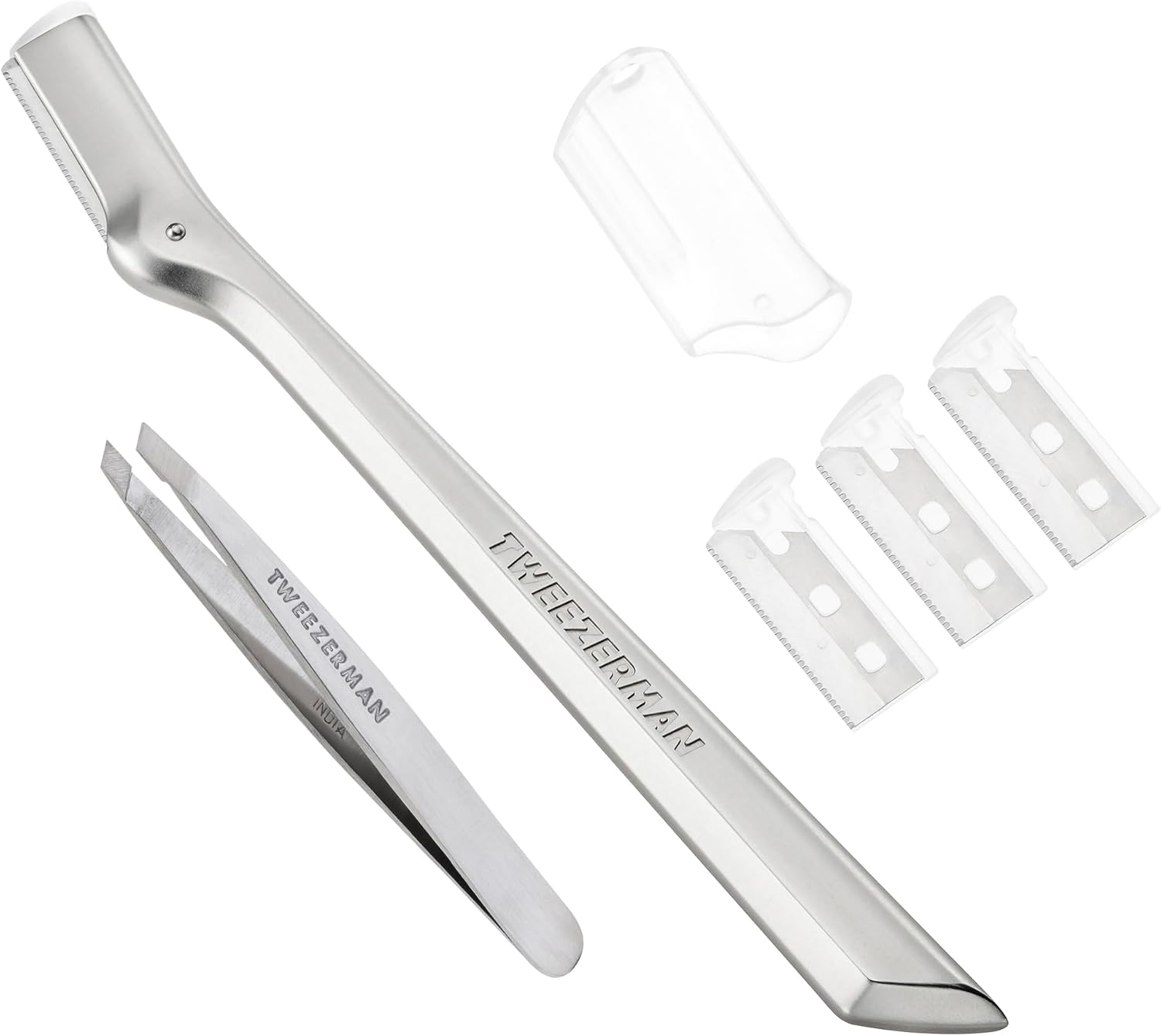 Tweezerman Eyebrow Razor and Mini Tweezer Set with 3 Replacement Blades and Safety Cap (Stainless Steel)