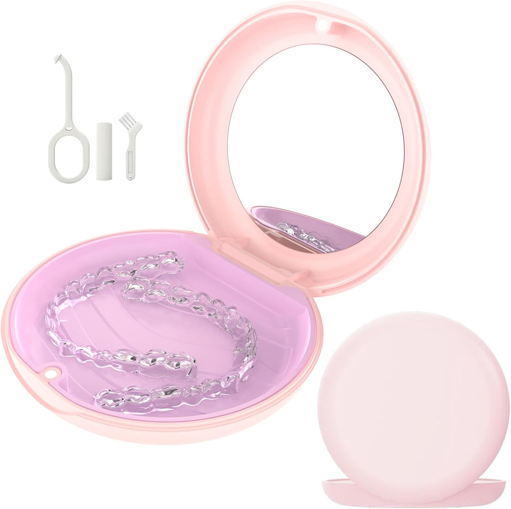 Retainer Case with Mirror, Slim Aligner Case Compatible with Invisalign, Cute Retainer Case with Silicone Pad, Mouth Guard Case with Retainer Removal Tool, Chewy and Brush, Pink