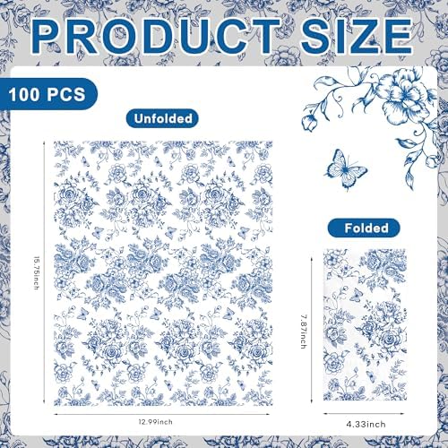 100pcs Blue Floral Napkins Disposable Hand Towels for Bathroom 3 Ply Blue and White Guest Decorative Paper Napkins for Bridal Tea Wedding Birthday Party Supplies Table Decorations