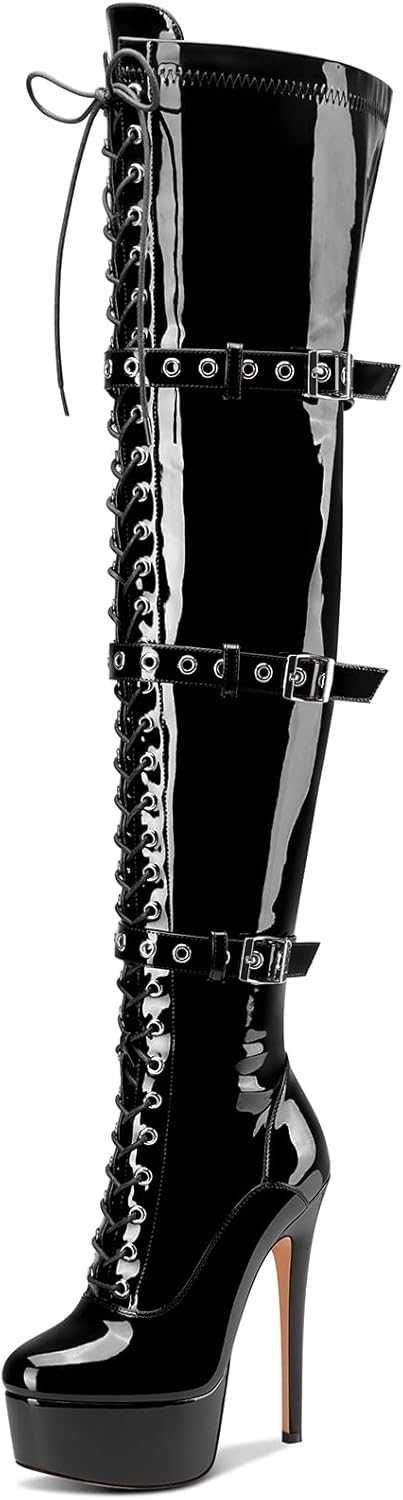 Castamere Women's Over The Knee Thigh High Boots Stiletto Platform Round Toe Lace-up Buckle Zipper Party Dance Boots 5.9 Inches Heels