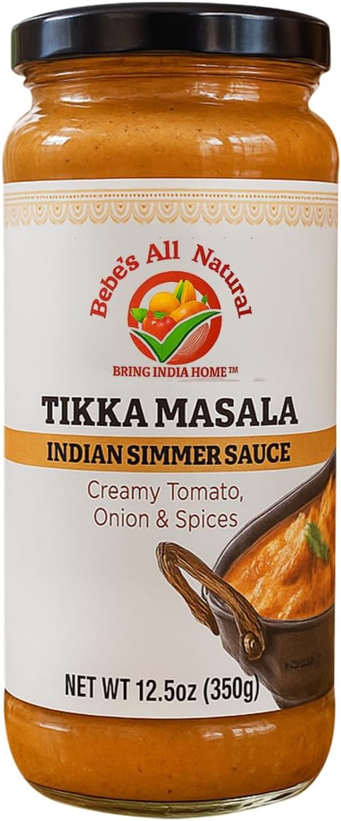 Bebe’s All Natural Vegan Tikka Masala Sauce, Non-GMO, Gluten Free 12.5oz/350g, Pairs Perfectly with Tender Meats, Fresh Vegetables and Fragrant Rice, Delicious Indian Simmer Sauce Made with Natural Spices and Healthy Ingredients