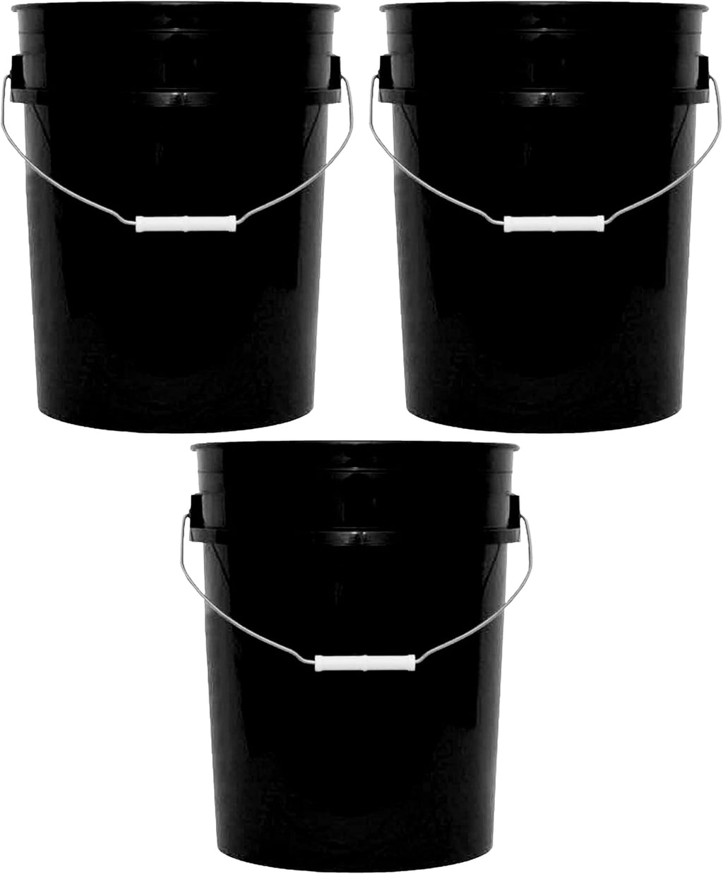 5-Gallon Bucket Only – No Lid Included, Made in USA, Food Grade BPA Free Plastic, Heavy Duty Multi-Use, Metal Handle with Grip, Stackable Storage – Black, 3 Pack