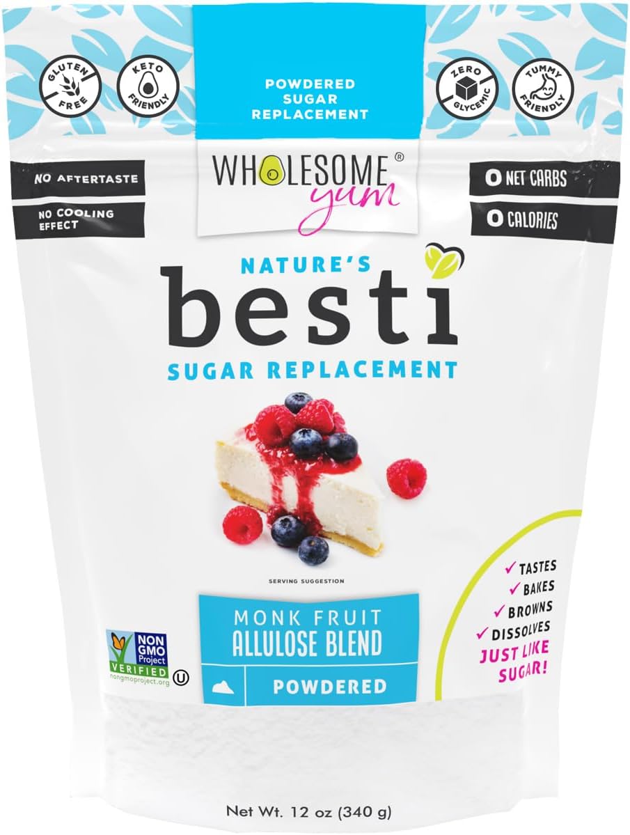 Wholesome Yum Besti Natural Powdered Sugar Substitute - Keto Confectioners Monk Fruit Sweetener Blend With Allulose (No Erythritol) - Non GMO, Zero Carb, Zero Calorie, No Aftertaste (12 oz)