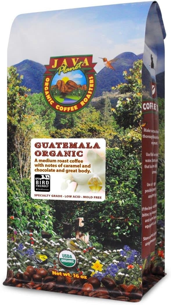 Low Acid Organic Coffee – Whole Bean, Mold-Free & Stomach Friendly by Java Planet, Guatemalan Single Origin Coffee, Medium Roast, Smooth Full Flavored, Smithsonian Bird Friendly, 1LB Bag