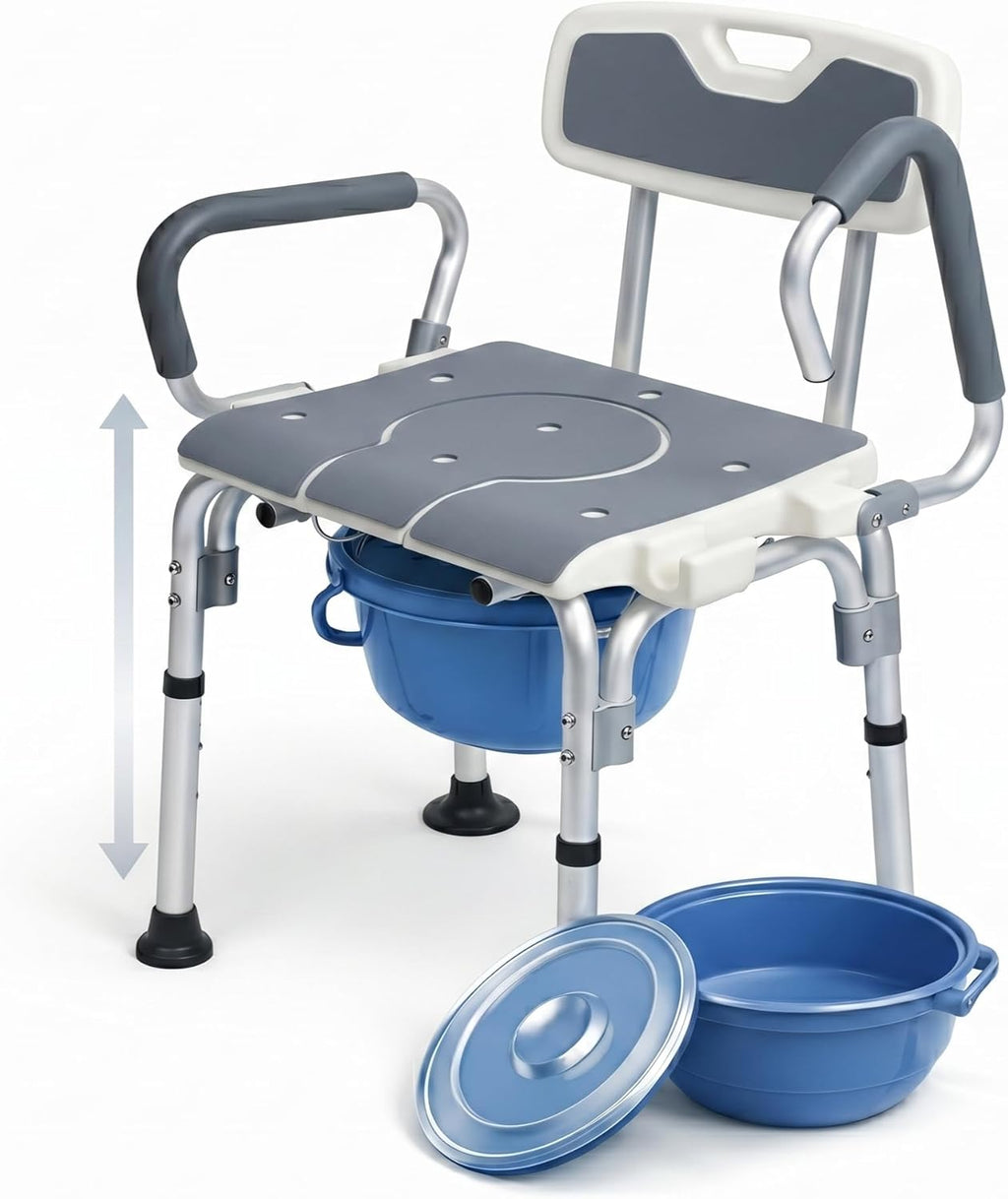3-in-1 Bedside Commode Chair for Adults, Shower Chair & Toilet Safety Frame, Adjustable Height, Flip-Up Arms, Non-Slip Feet, 300 lbs Capacity, Commode Chair for Elderly