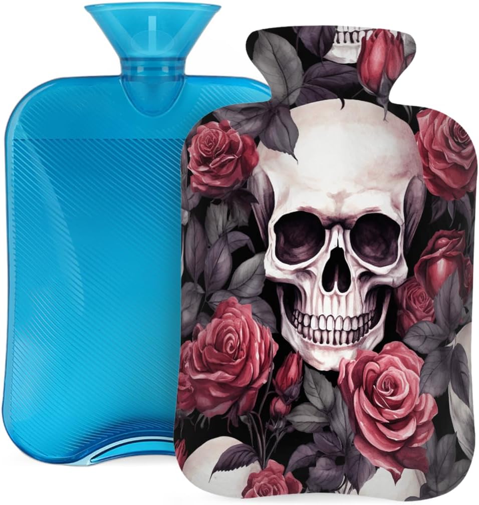 Hot Water Bottle with Cover 2L Rose Skull Gothic Skeleton Hot Water Bag for Pain Relief Period Cramps, Winter Warmer