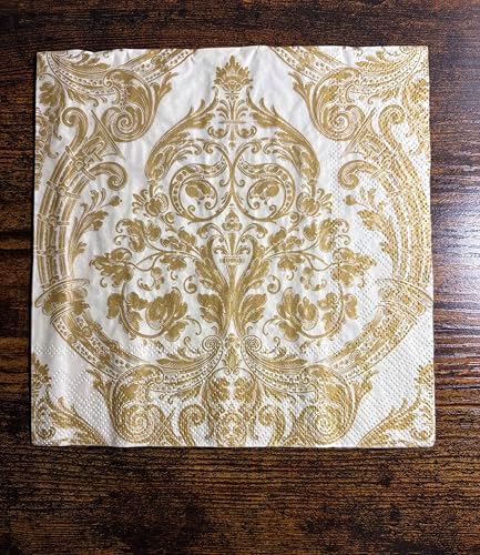 IHR Ideal Home Range Party Napkins Disposable 3-Ply Paper Lunch Napkin Pack, 6.5" x 6.5", Grandeur (Cream/Gold), 20-Count
