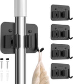 nacena Broom Holder Wall Mount, 4 Packs Black Stainless Steel Mop and Broom Hanger with Hooks Heavy Duty Broom and Mop Organizer Wall Hanging for Bathroom