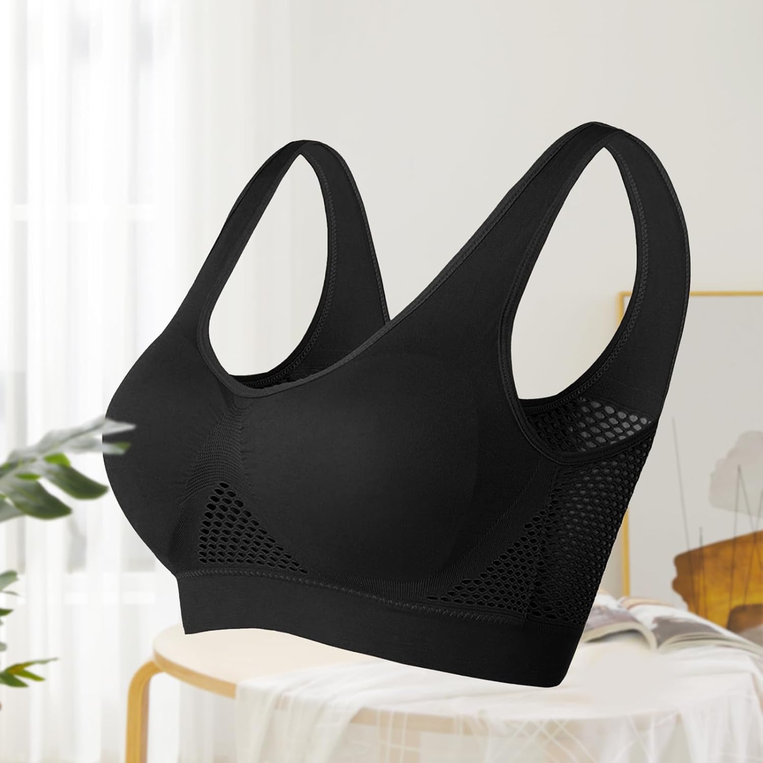 Sports Bra for Women - Plus Size High Support Workout Bra with Cooling Mesh (Full Coverage)(Black L)