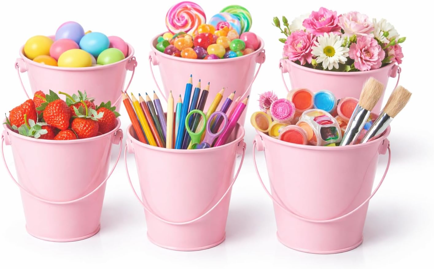 Small Metal Buckets with Handles - Rust Resistant Leak-Proof Mini Tin Buckets for Classroom, Party Favors, Organization, Weddings, Gardening - Set of 6, Pink