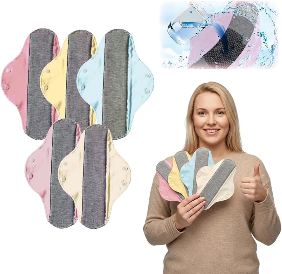 Reusable Graphene Absorbent Pads for Women, Ultra Thin Washable Pads for Women with Honeycomb Absorbent Layers, Leakproof Cloth Pads, Breathable Pads for Day and Night Use (Random Color 5pcs)