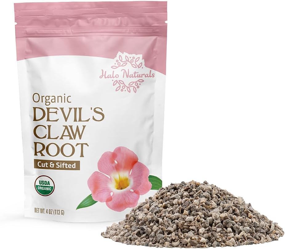 Halo Naturals Organic Devil's Claw Root Cut & Sifted, 4 Ounces (Harpagophytum zeyheri) USDA Certified | Resealable Pouch| Packaged in The USA