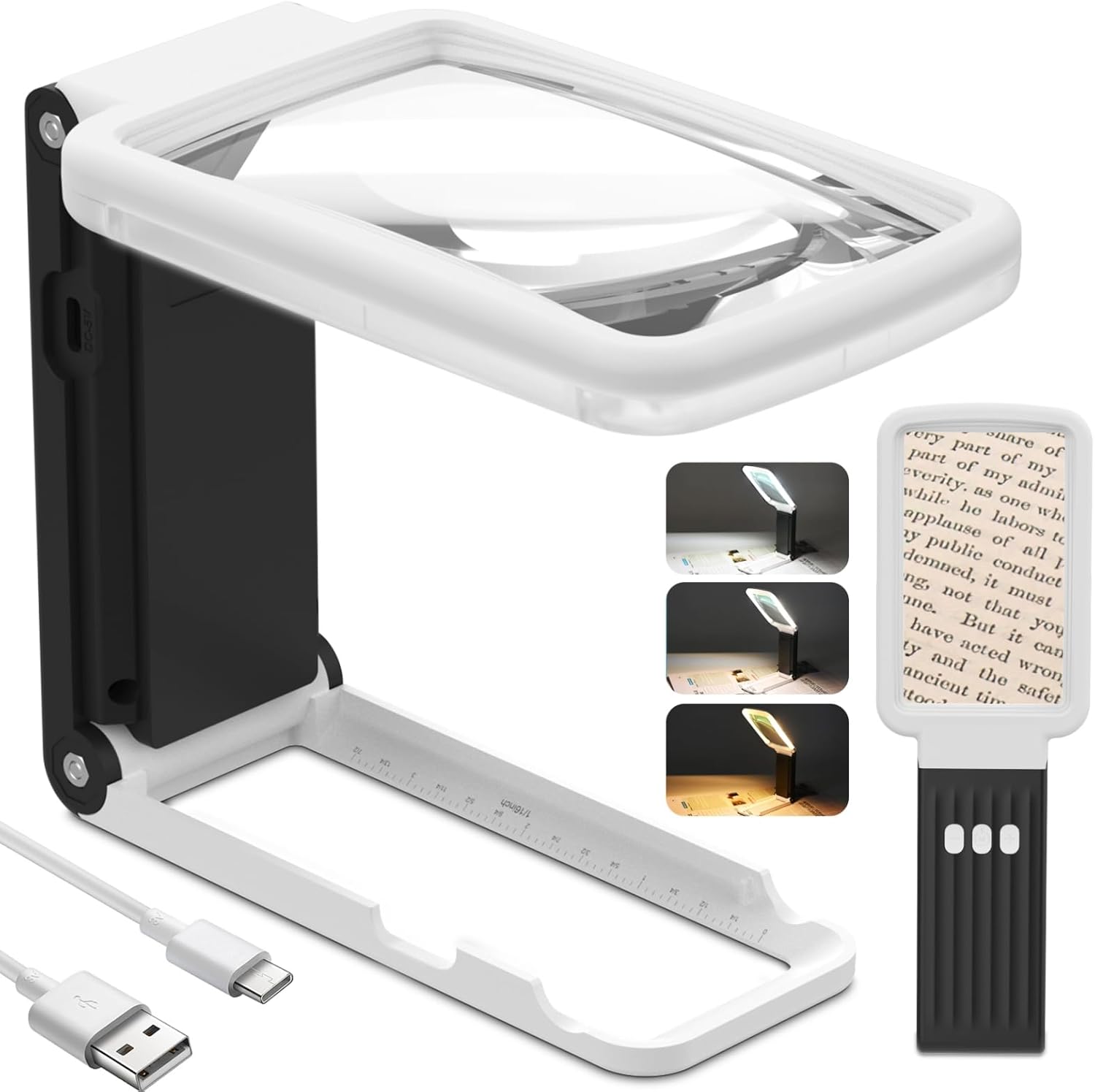 15X Magnifying Glass with Light and Stand, Real Glass Lens, Rechargeable Foldable Handheld Magnifier, 3 Color Modes Dimmable Lighted Page Magnifier for Reading Fine Prints, Low Vision Seniors