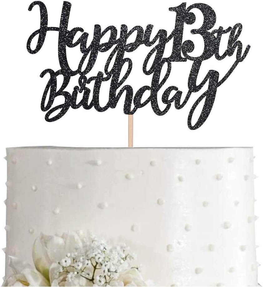 13 Black Glitter Happy 13th Birthday Cake Topper, Birthday Party Cake Topper Decorations, Supplies