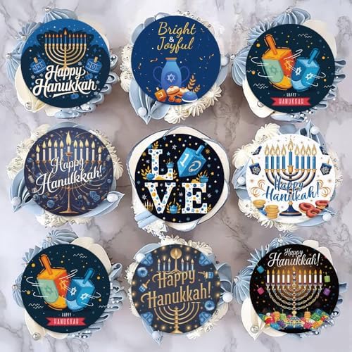 36PCS Edible Happy Hanukkah Cupcake Toppers Wafer Paper Candlestick Hexagram Chanukah Cake Decorations Jewish Cupcake Picks for Chanukkah Theme Party Birthday Decor Supplies (Pattern 2)