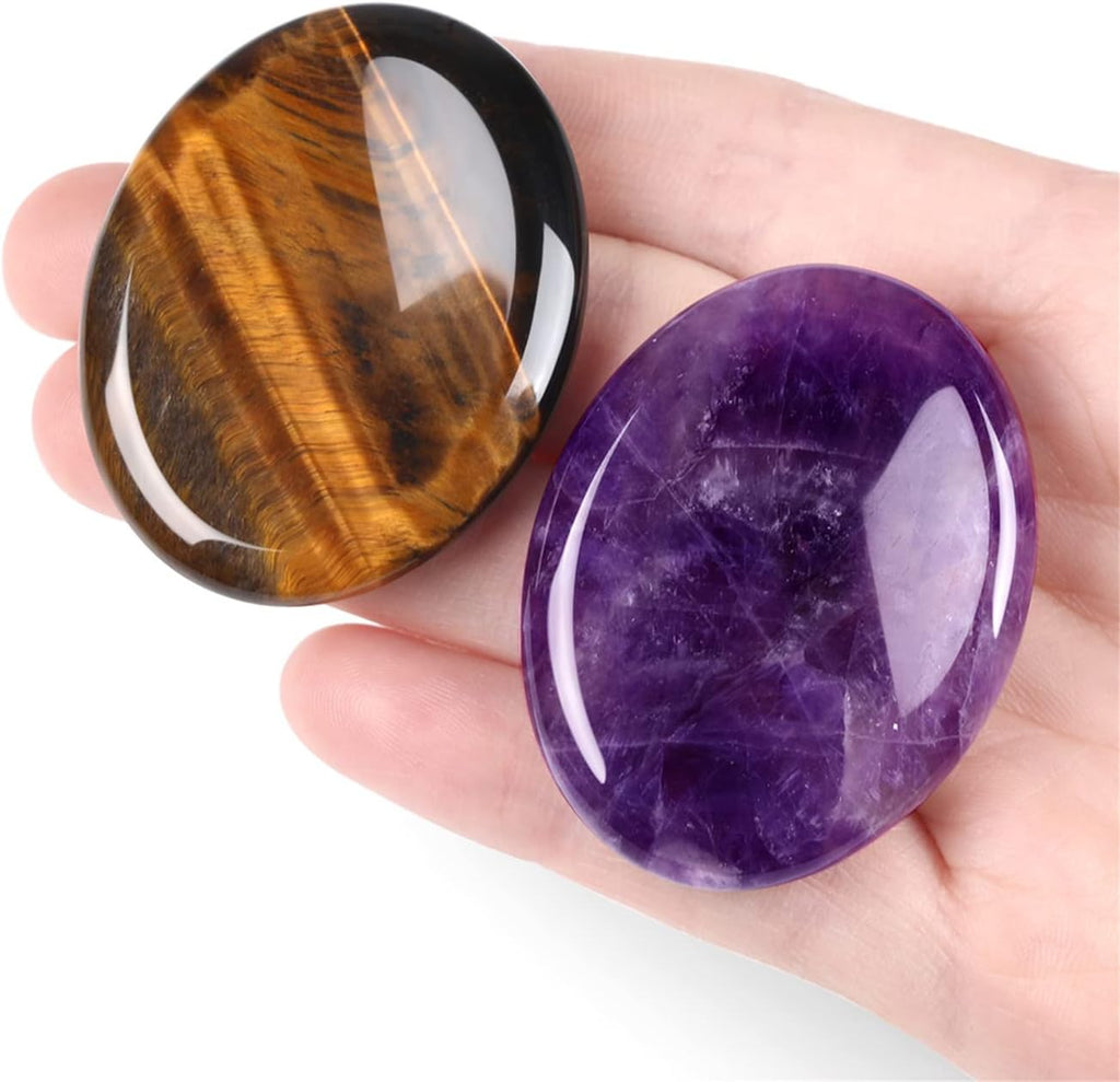 Thumb Worry Stone for Anxiety Healing Crystals Sets 2PCS Tiger Eyes Amethyst Hand Carved Stones Gemstone Pocket Natural Stone Meditation Reiki Oval Shaped Palm Stone Therapy
