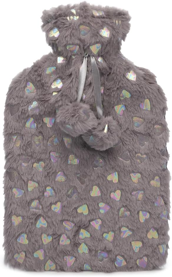 A2Z Hot Water Bottle 2 Litre Pink Heart Embossed Plush Fleece Pom Pom Cover Hot Water Bag for Pain Relief Cosy Nights and Relaxation