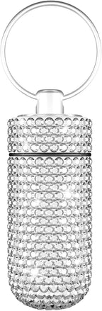 Yuchew Bling Pill Case Pill Container Rhinestone Pill Box Portable Waterproof Pocket Pill Holder Storage Bottle with Keychain for Travel, Outdoor, Camping (Silver)