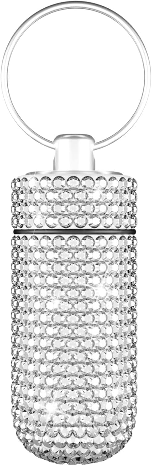 Yuchew Bling Pill Case Pill Container Rhinestone Pill Box Portable Waterproof Pocket Pill Holder Storage Bottle with Keychain for Travel, Outdoor, Camping (Silver)