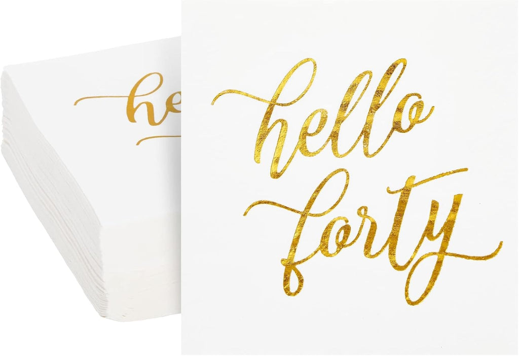 BLUE PANDA 40th Birthday Napkins - 50-Pack, 5 x 5 In Folded, White with Gold Foil Hello Forty Script - 3-Ply Absorbent Disposable Cocktail Napkins for Women & Men
