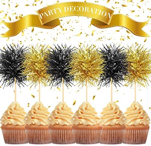 Chinco 100 Pcs Foil Firework Cupcake Toppers Black and Gold Sparkle Tinsel Cake Toppers New Year Cake Decoration Cocktail Fruit Toothpick for Birthday Wedding Graduation Party