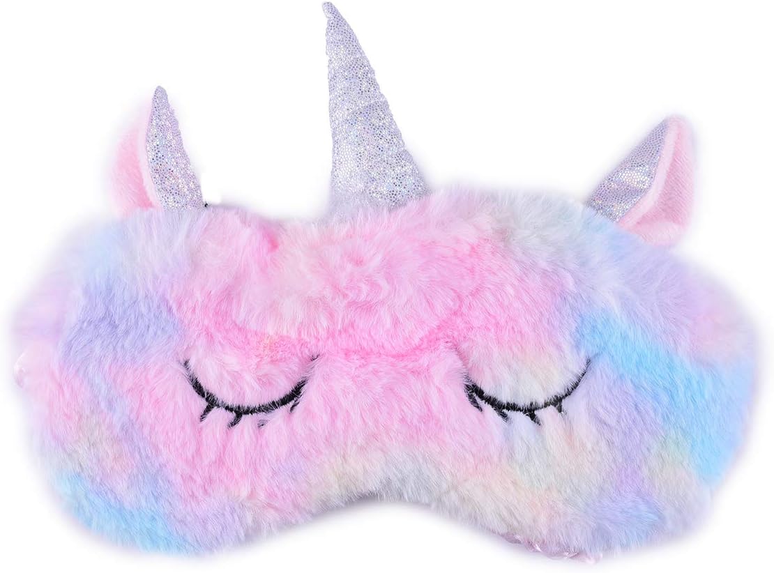Cute Unicorn Sleeping Mask, Soft Fluffy Plush Blindfold Funny Novelty Animal Sleep Mask Eye Cover Eyeshade for Kids Girls Boys Women Men Night Nap Travel Meditation (Rainbow, Unicorn)