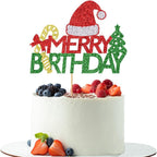 Glitter Merry Birthday Cake Topper Red & Green Merry Christmas Happy Holiday Cake Decoration，Winter Festival Xmas Themed Kids Adults Birthday Party Decorations Supplies
