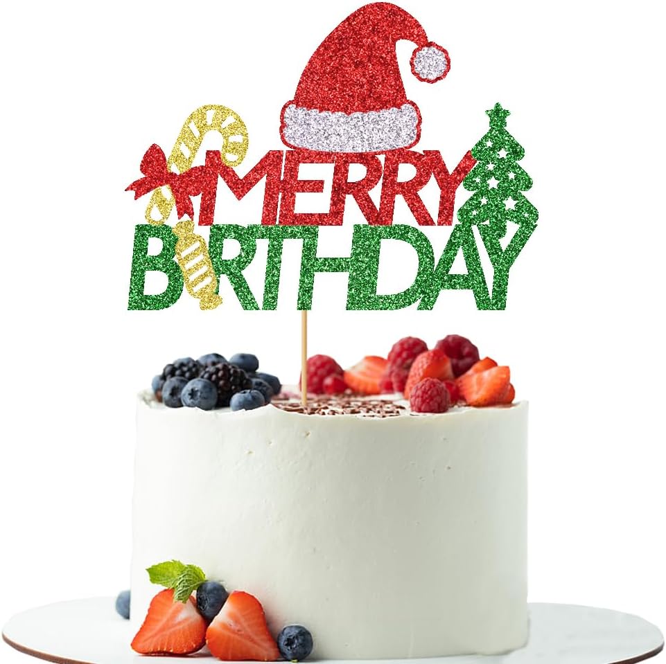 Glitter Merry Birthday Cake Topper Red & Green Merry Christmas Happy Holiday Cake Decoration，Winter Festival Xmas Themed Kids Adults Birthday Party Decorations Supplies