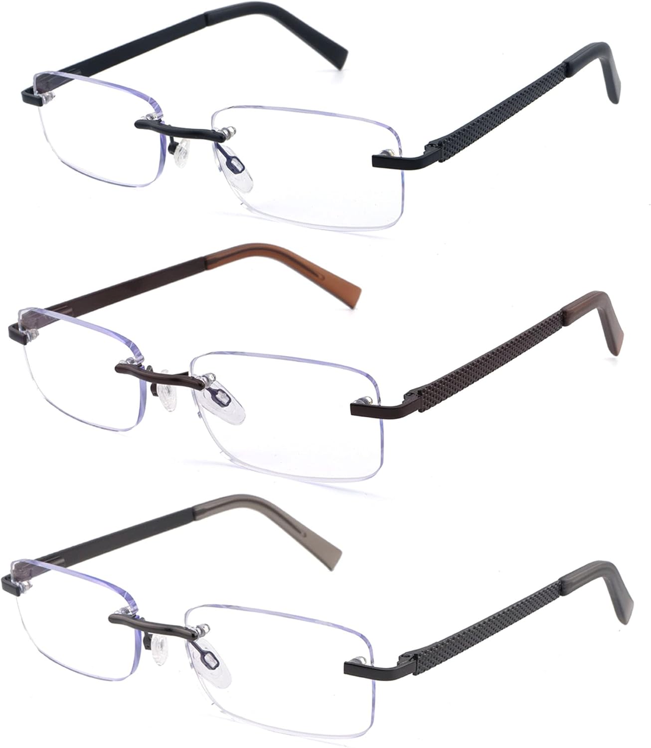 3 Pack Rimless Reading Glasses for Men Blue Light Blocking Readers Spring Hinge Metal Arms Sturdy Stylish Computer Glasses +1.5