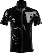 Men's Shiny Metallic Jacket Front Zipper PVC Leather Jacket Slim Fit T-Shirt for Nightout Club