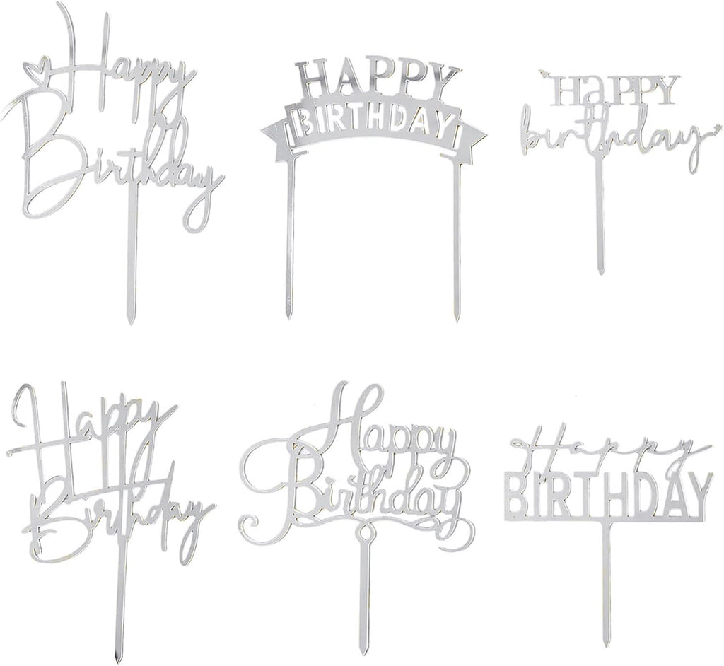 Silvery Acrylic Birthday Cake Toppers - 6pcs Happy Birthday Toppers for Girls' Party Decorations