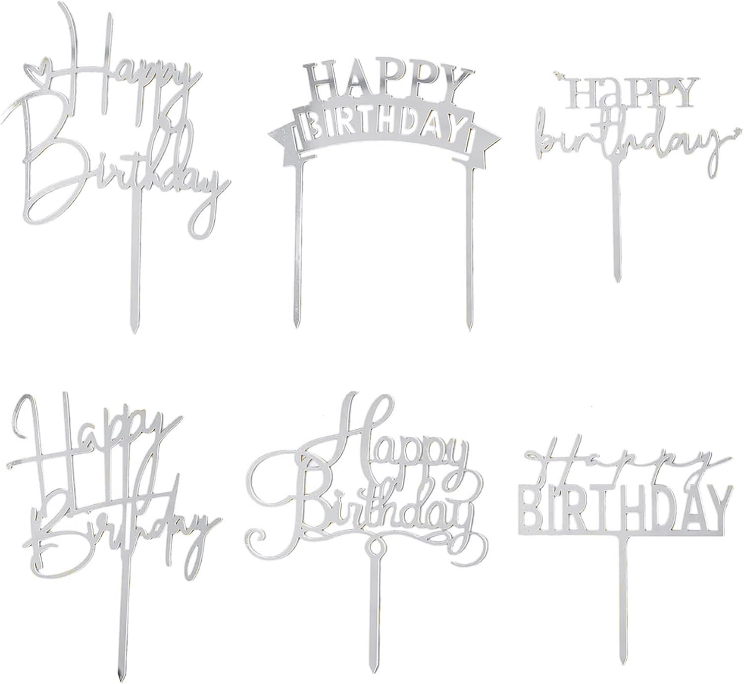 Silvery Acrylic Birthday Cake Toppers - 6pcs Happy Birthday Toppers for Girls' Party Decorations