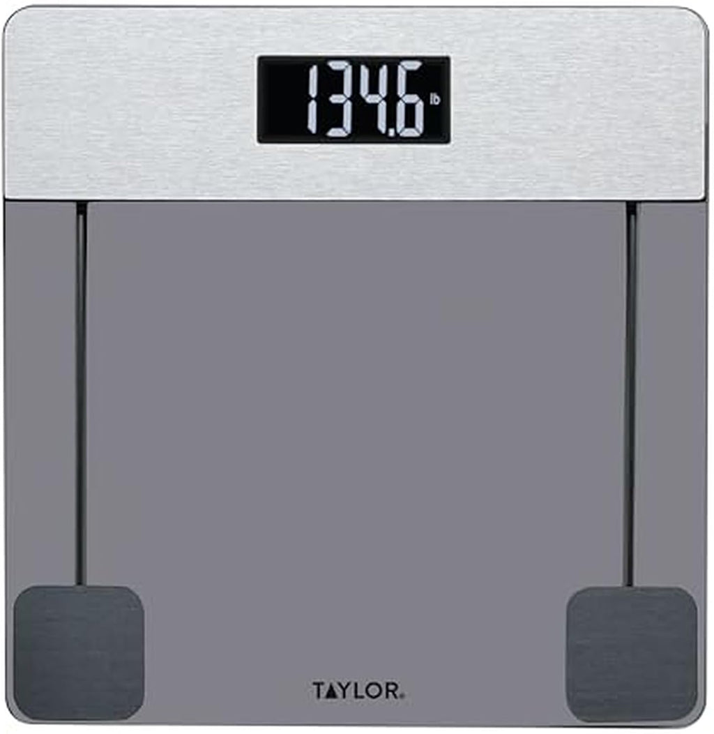 Taylor Digital Glass Bathroom Scale, Scale for Body Weight, Digital Weighing Machine for People, Tinted Glass and Brushed Stainless Steel Accents, 440 lb Capacity, Vanishing LED, Tinted, Clear
