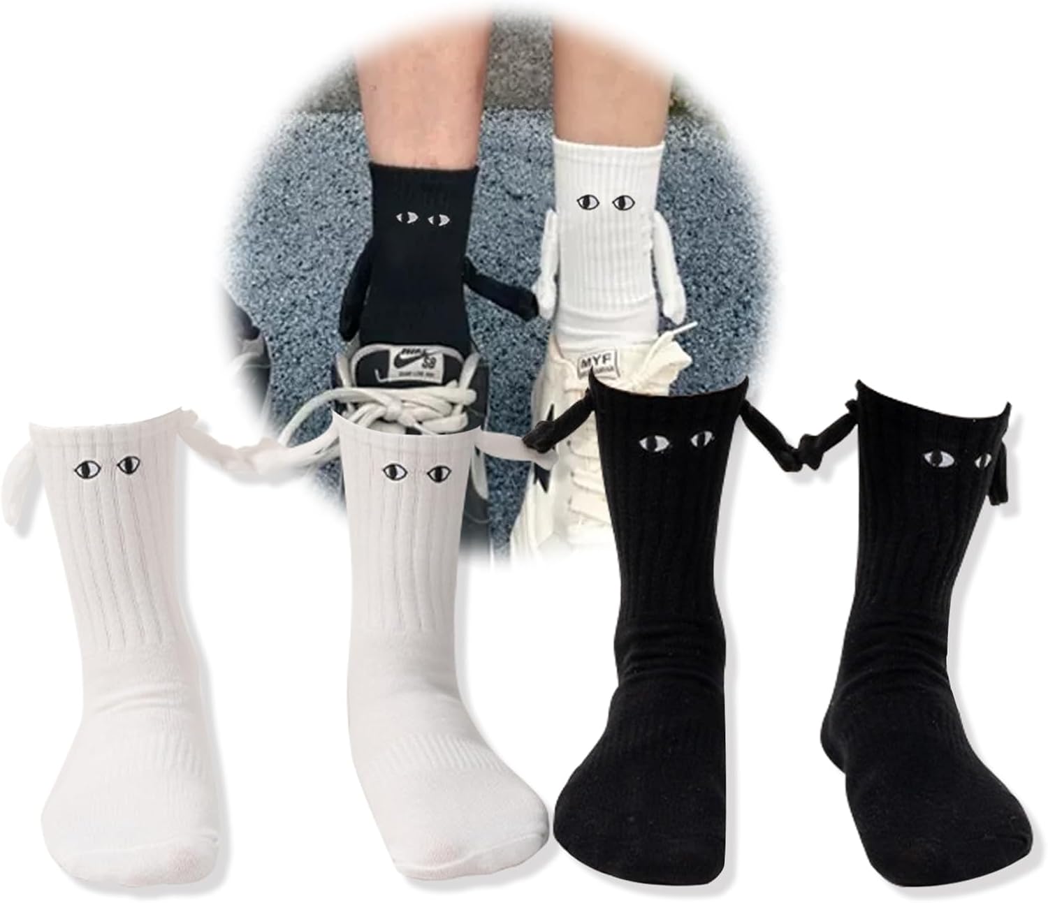 Yawlsow 2 Pair Holding Hands Socks, Funny Magnetic Suction 3D Doll Couple Socks，Unisex Couple Socks