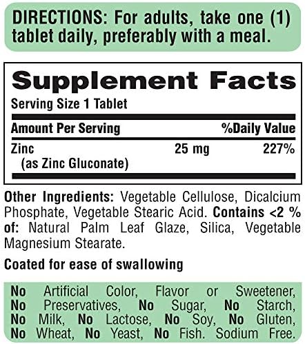 Puritan's Pride Zinc 25 mg Tablets, 100 Count