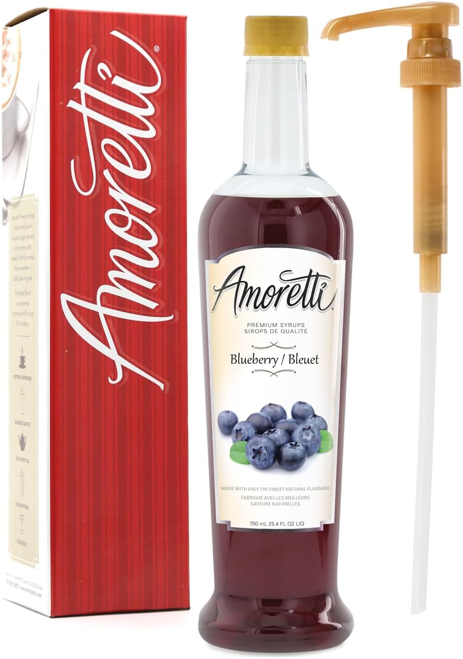 Amoretti - Premium Blueberry Syrup, 94 Servings Per Bottle (750 ml), with Pump for Flavoring Coffees, Cocktails, and other Beverages, Gluten Free, GMO/GEO Free, Preservative Free