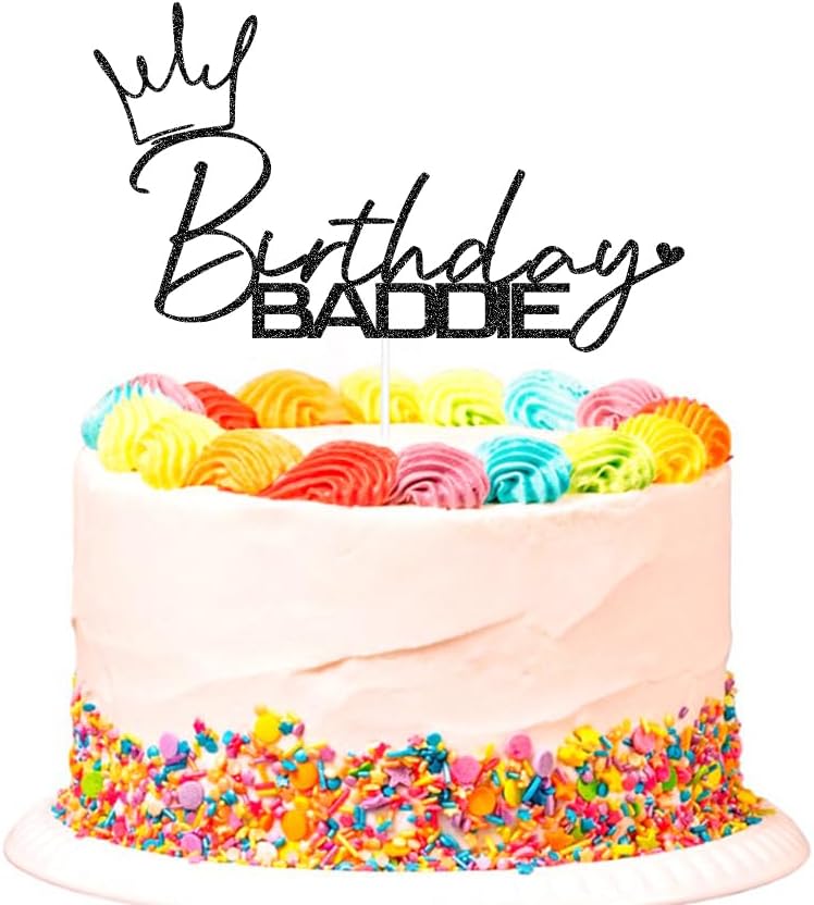 SWEETTALA Birthday Baddie Cake Topper, Funny Happy Birthday Cake Decorations for Women Men Any Age Black Glitter