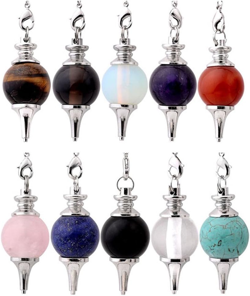 Jovivi 10pcs Beautiful Crystal Pendulums Dowsing Chakra Pendant With Chain,Natural Amethyst Rose Quartz Tiger Eye Obsidian Lapis Lazuli Turquoise Gemstone Reiki Pendant Pendulum