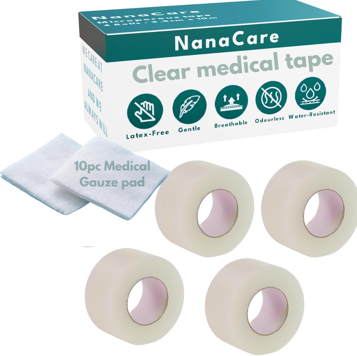 NanaCare Clear Medical Tape Waterproof, 4 Rolls- 1 inch x 10 yds + 10 pc Gauze Pads - Hypoallergenic Surgical Tape for Wound Care, Dressings & Face, First Aid Waterproof Bandage for Sensitive Skin