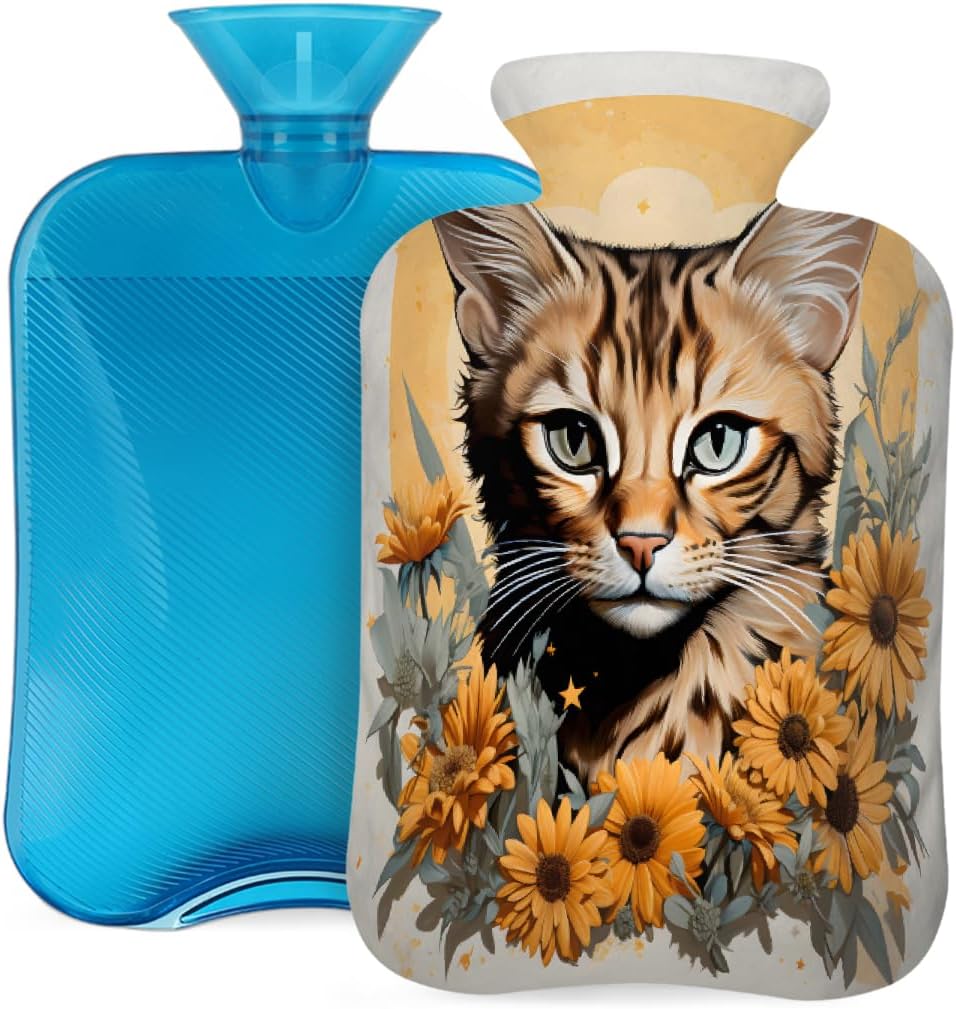 Hot Water Bottle with Cover, Animal Cat Sunflower 2L Hot Water Bag for Hot/Cold Compress, Hand Feet Warmer, Menstrual Cramps, Neck and Shoulder Pain Relief