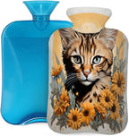 Hot Water Bottle with Cover, Animal Cat Sunflower 2L Hot Water Bag for Hot/Cold Compress, Hand Feet Warmer, Menstrual Cramps, Neck and Shoulder Pain Relief