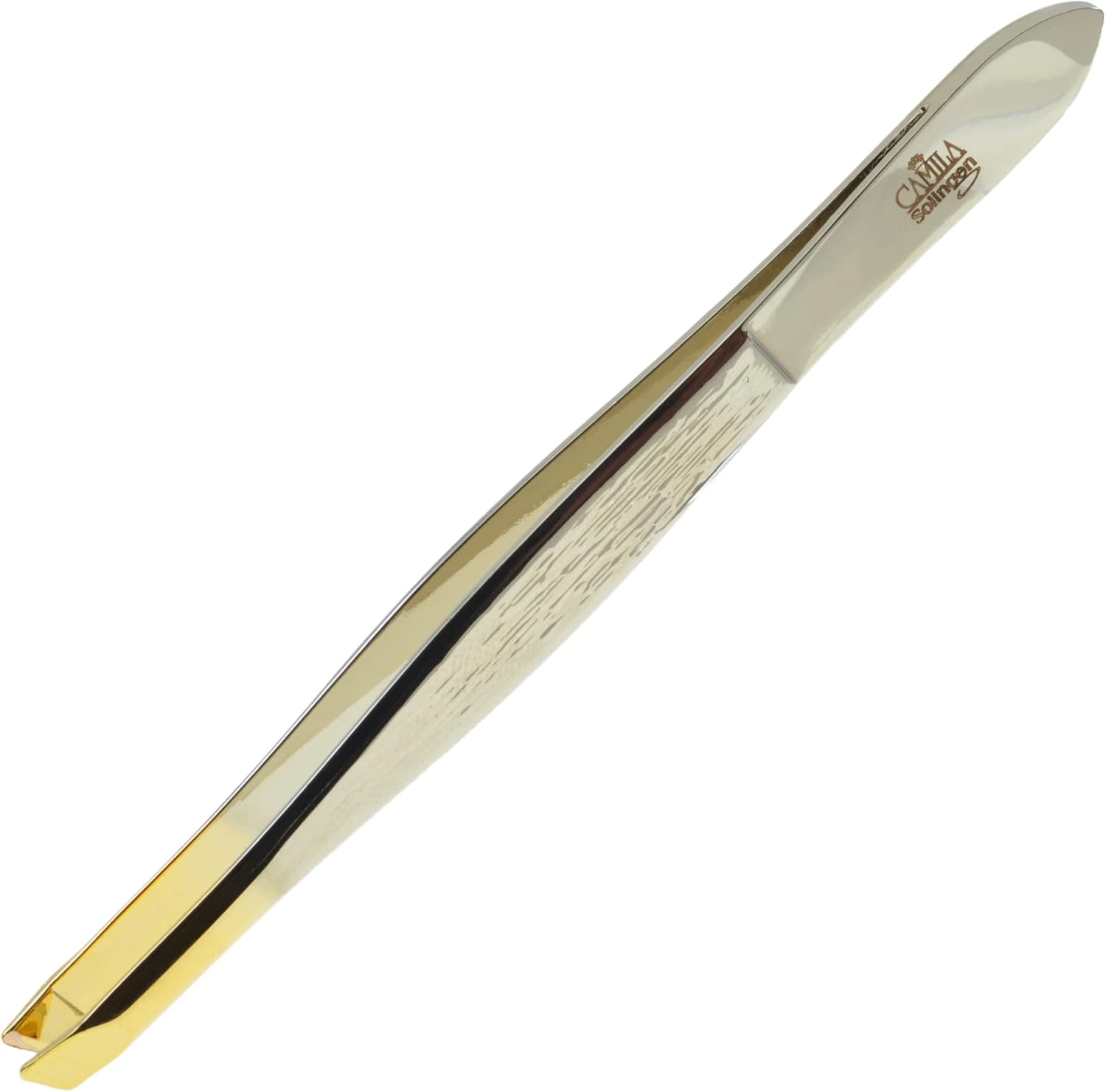 CS29 3 1/2" Gold Tipped, Surgical Grade, German Carbon Steel Tweezers (Slanted) - Flawless Eyebrow and Facial Hair Shaping and Removal for Men/Women