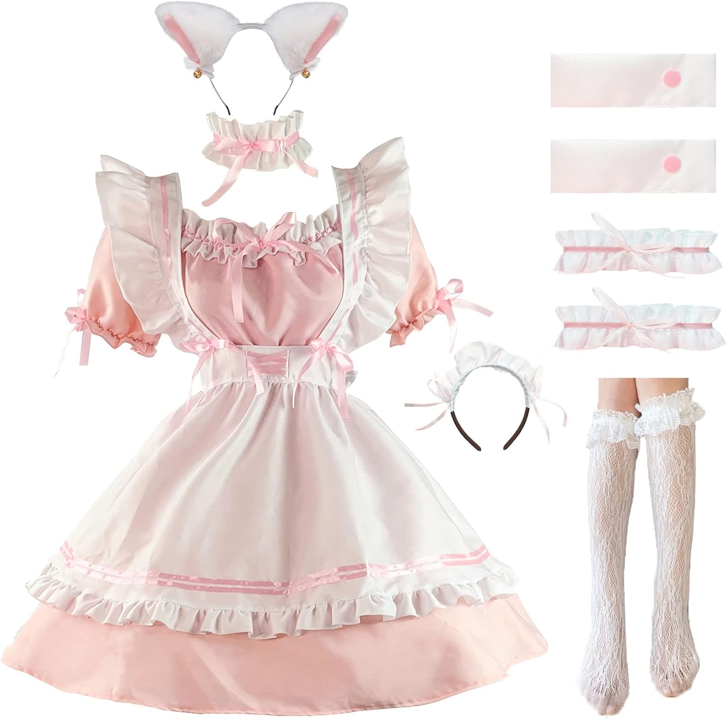 Maid Outfit Anime Cosplay Lolita Maid Dress French Maid Costume Plush cat ear Socks set