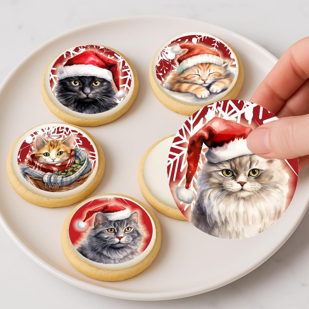 Cats in Santa Hats Christmas Cookie & Cupcake Edible Images – 20-2” Precut Holiday Toppers – Easy to Use