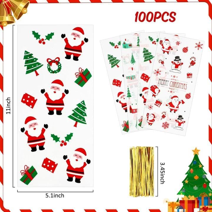 eowqeiur 100 PCS Christmas Cellophane Treat Bags(5x11 Inch) with Ties Plastic Santa Goodie Candy Cookie Loot Gifts Bags Bulk Pouches for Christmas Party Favors Supplies Decorations Holiday Xmas Decor