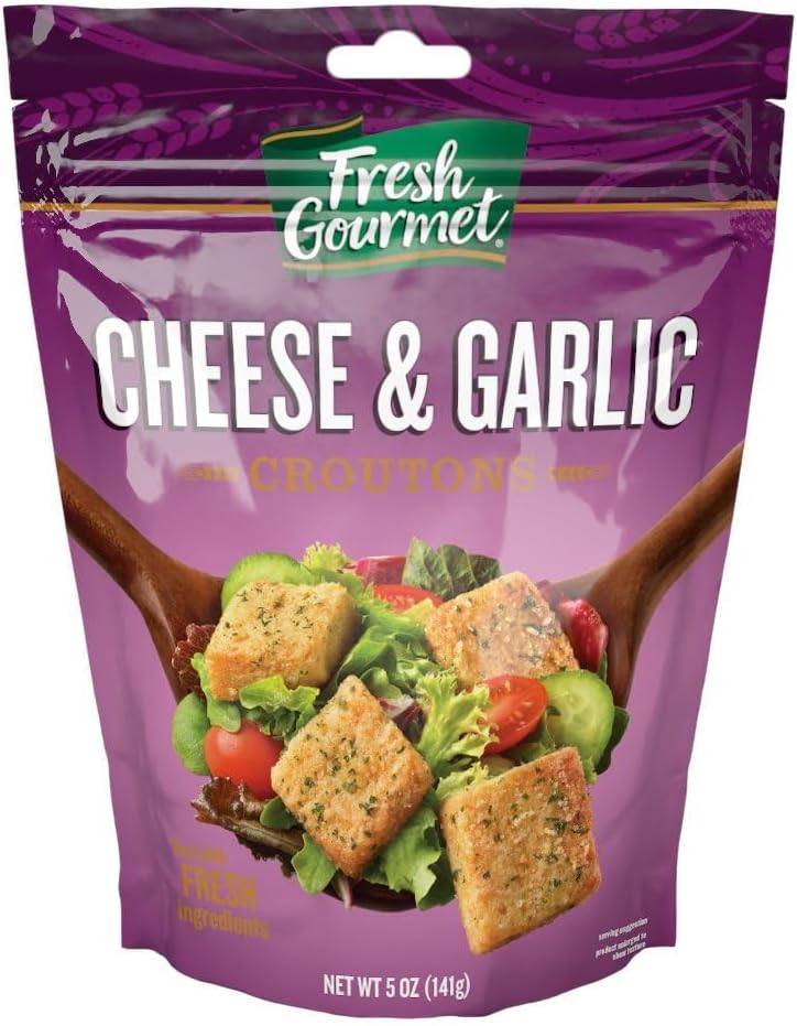 Fresh Gourmet Premium Croutons | Cheese & Garlic | 5 Ounce, Pack of 6 | Crunchy Salad Topper