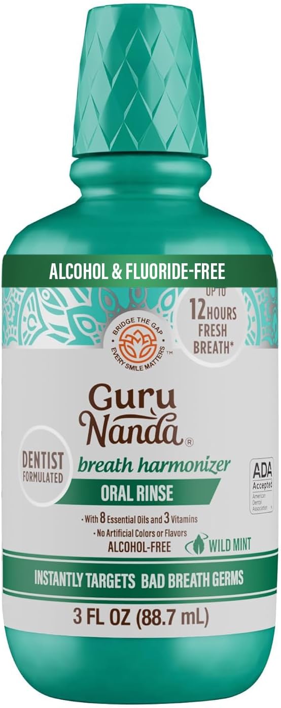 GuruNanda Fresh Breath Travel Mouthwash – 12-Hour Fresh Breath & Helps Fight Bad Breath – ADA Accepted, Alcohol & Fluoride-Free Oral Rinse, TSA Friendly – Wild Mint, 3 oz