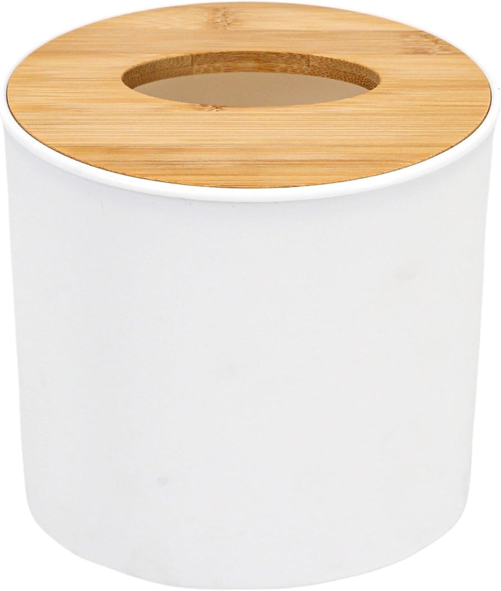 Bamboo Lid Round Tissue Holder Box 5x5'' – Decorative Toilet Paper Roll Dispenser & Dryer Sheet Case – Space-Saving Wood Organizer for Bathroom - for Paper Rolls Under 5 inches only